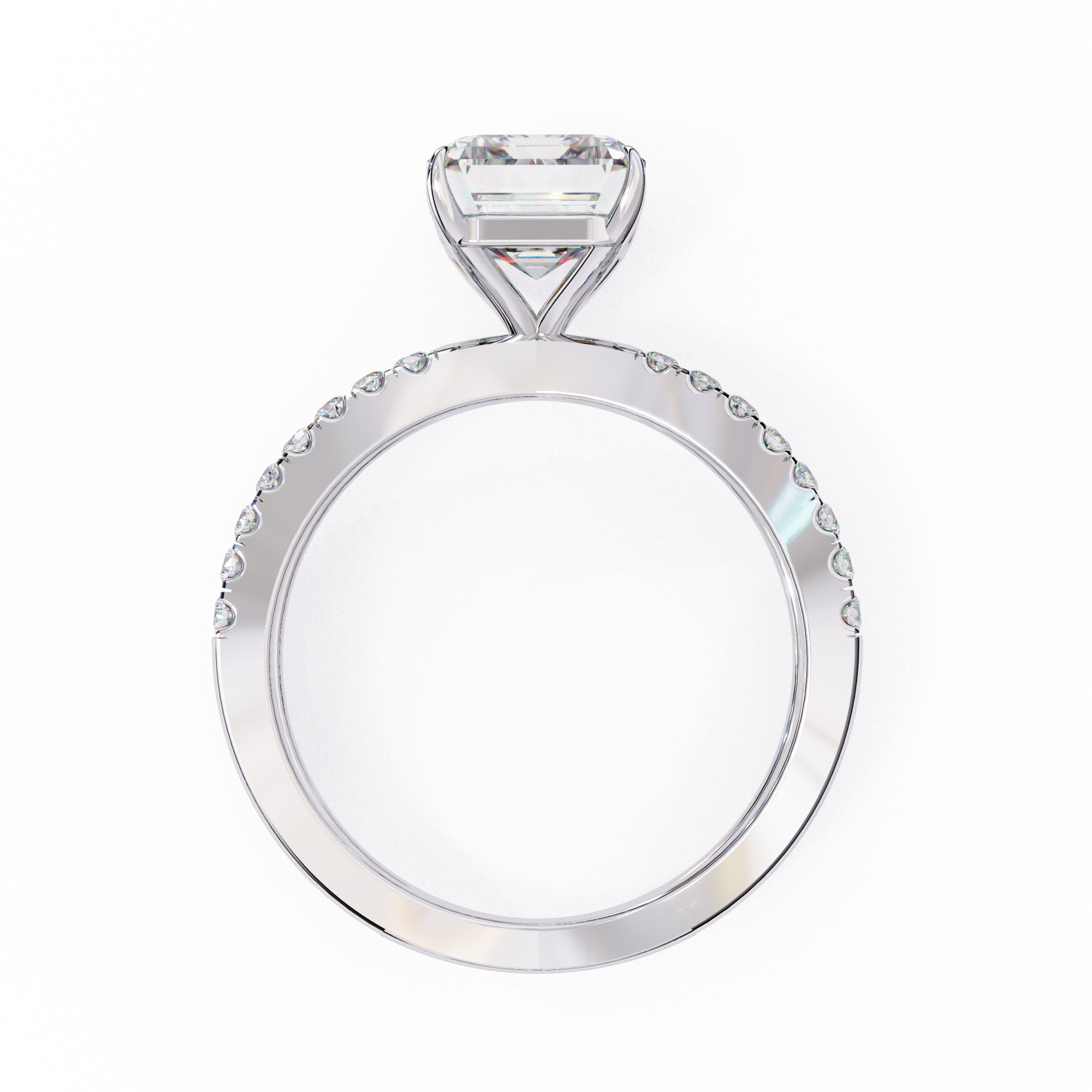Silver ring with a large central diamond and smaller diamonds on the band against a white background