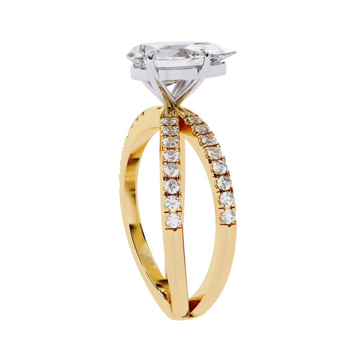 Gold ring with diamond accents on a white background