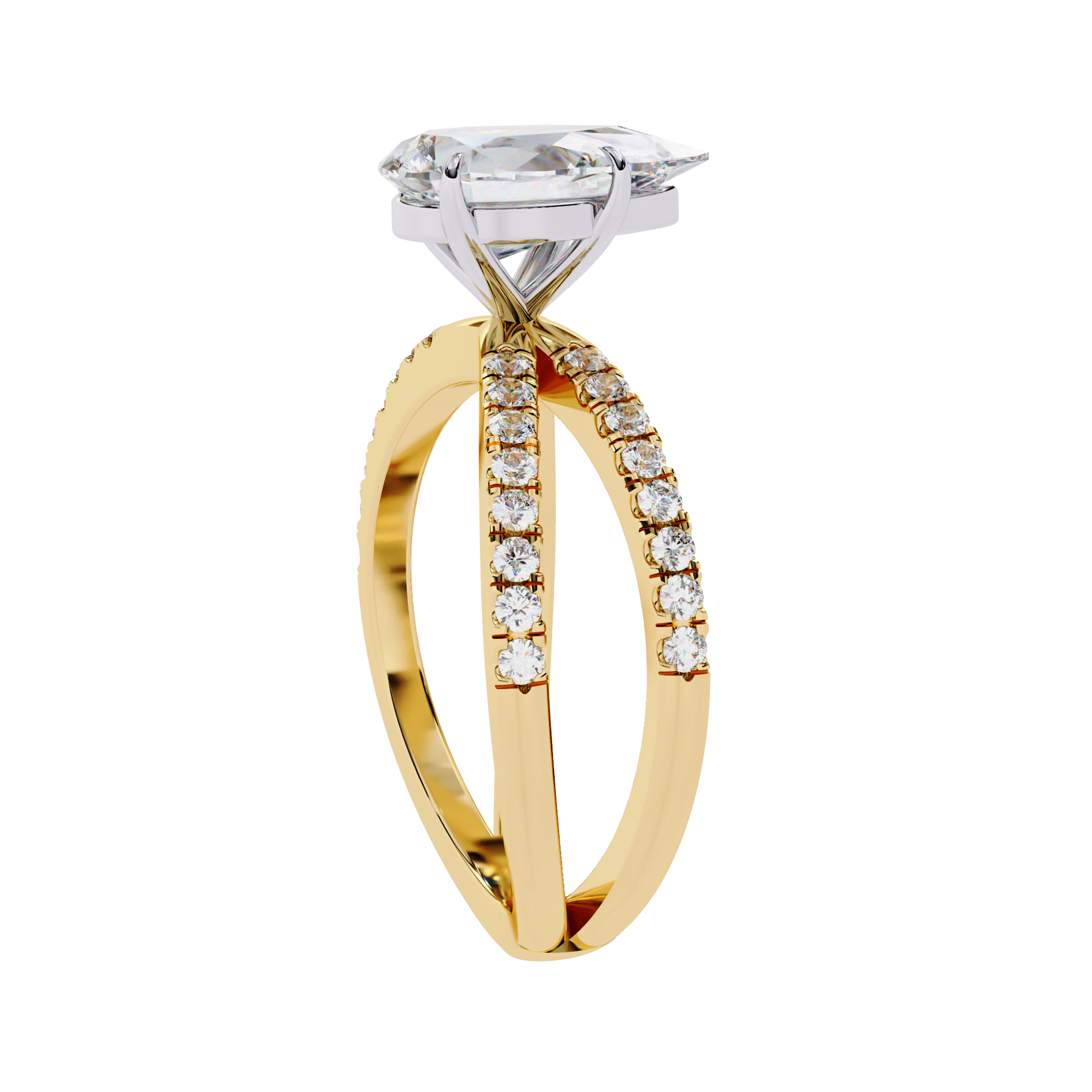 Gold ring with diamond accents on a white background