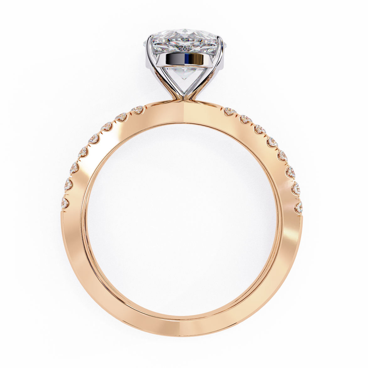 Rose gold ring with diamond on a white background