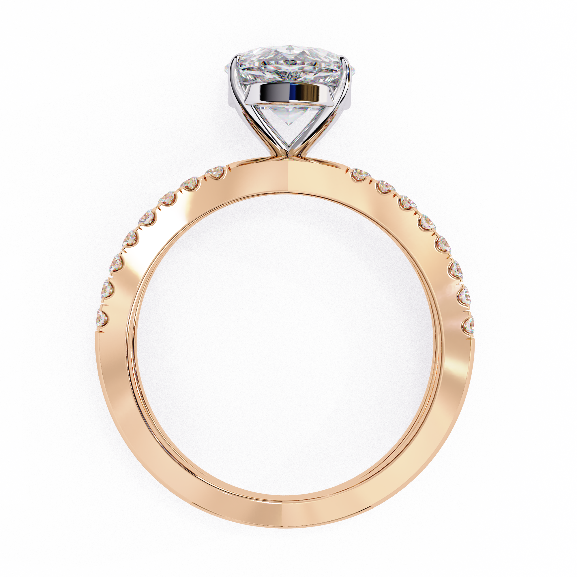 Rose gold ring with diamond on a white background