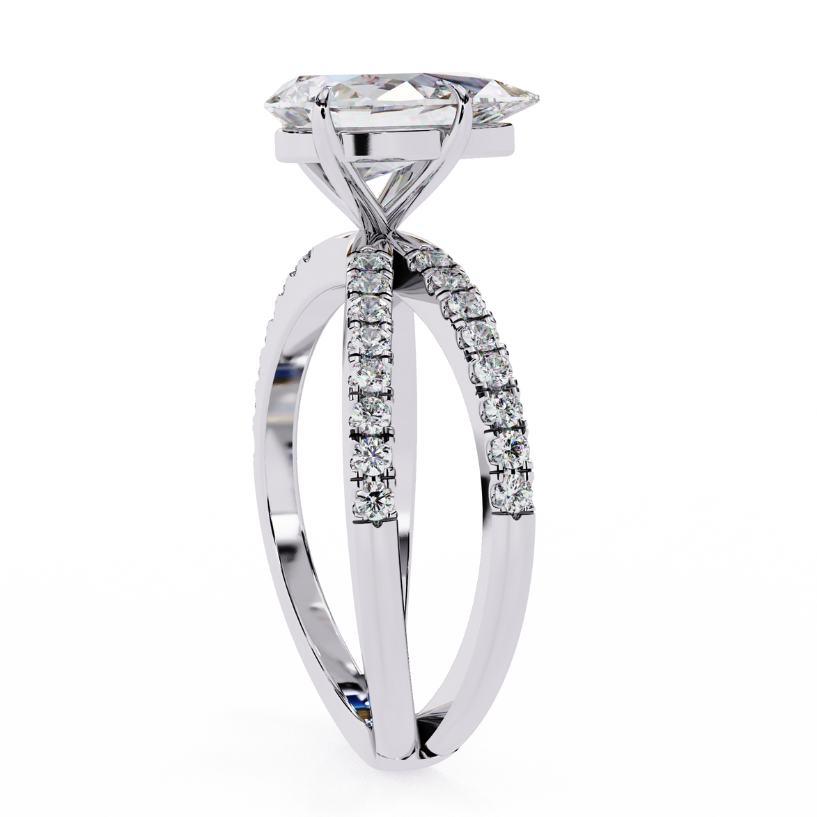 Diamond ring with a white gemstone on a white background