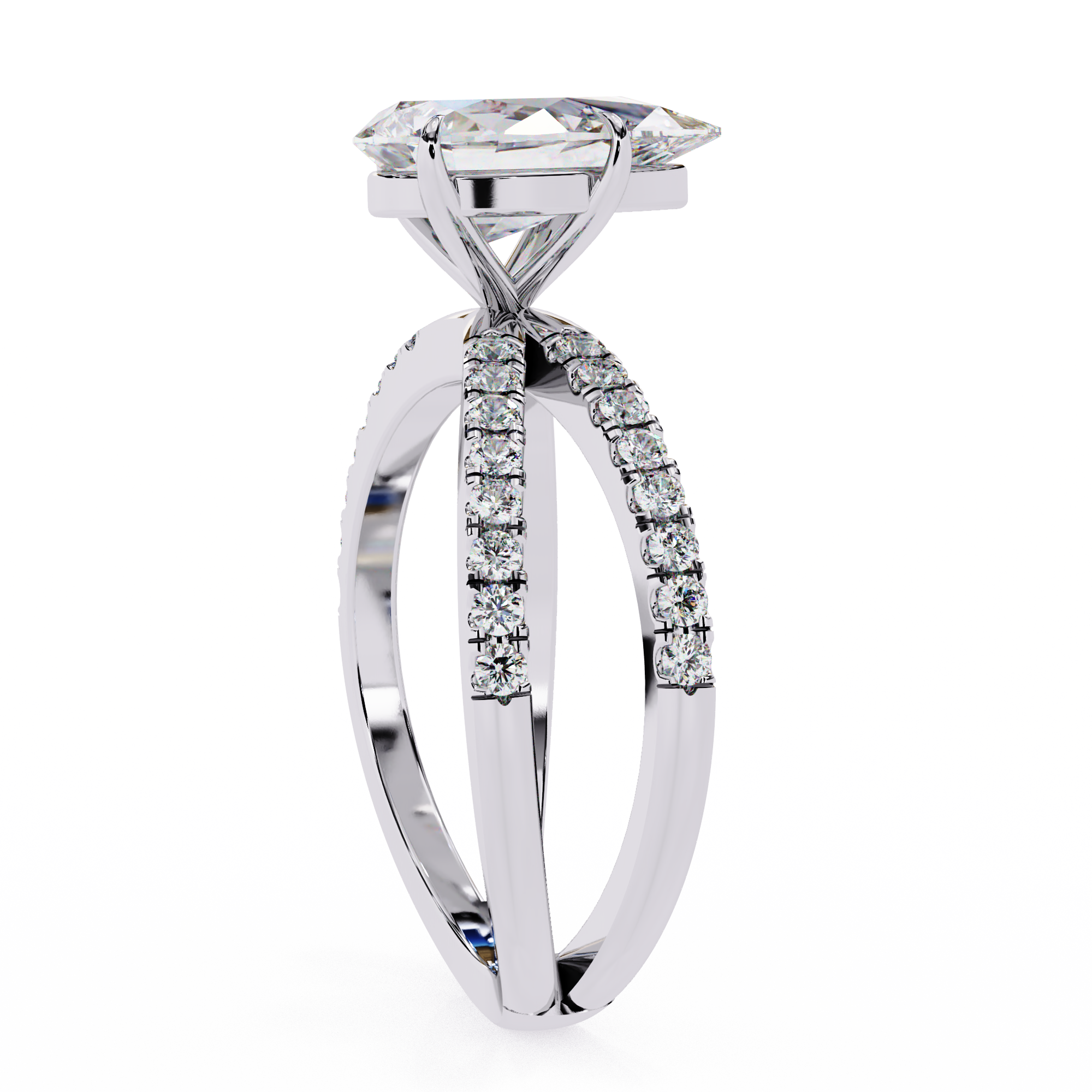 Diamond ring with a white gemstone on a white background