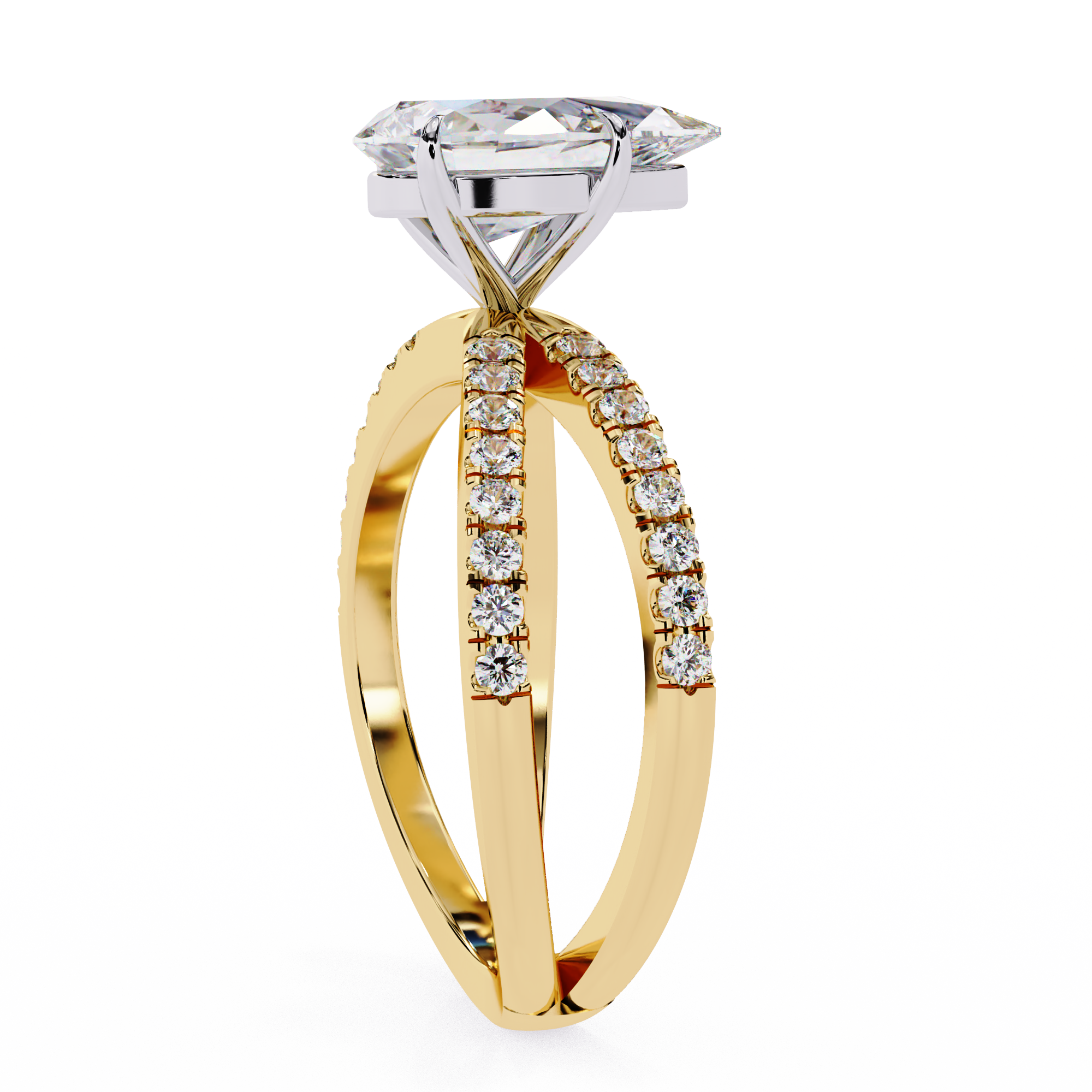 Gold ring with a diamond on a white background