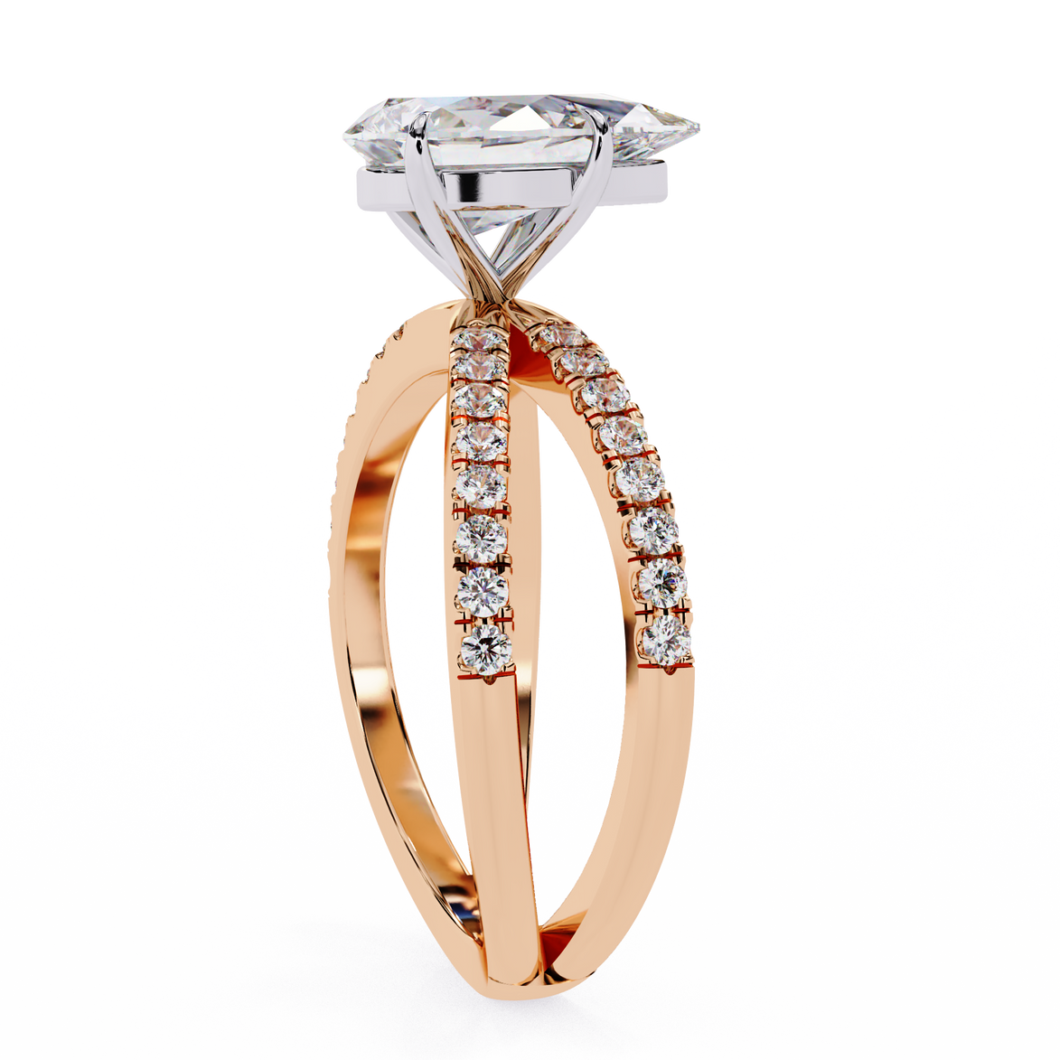 Rose gold ring with diamond accents on a white background