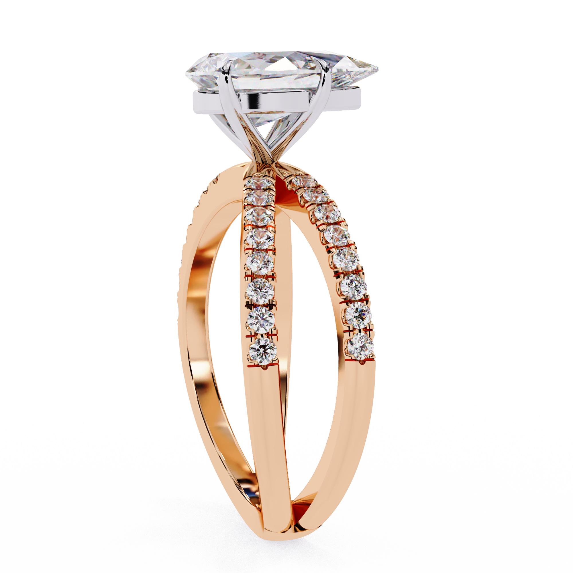 Rose gold ring with diamond accents on a white background