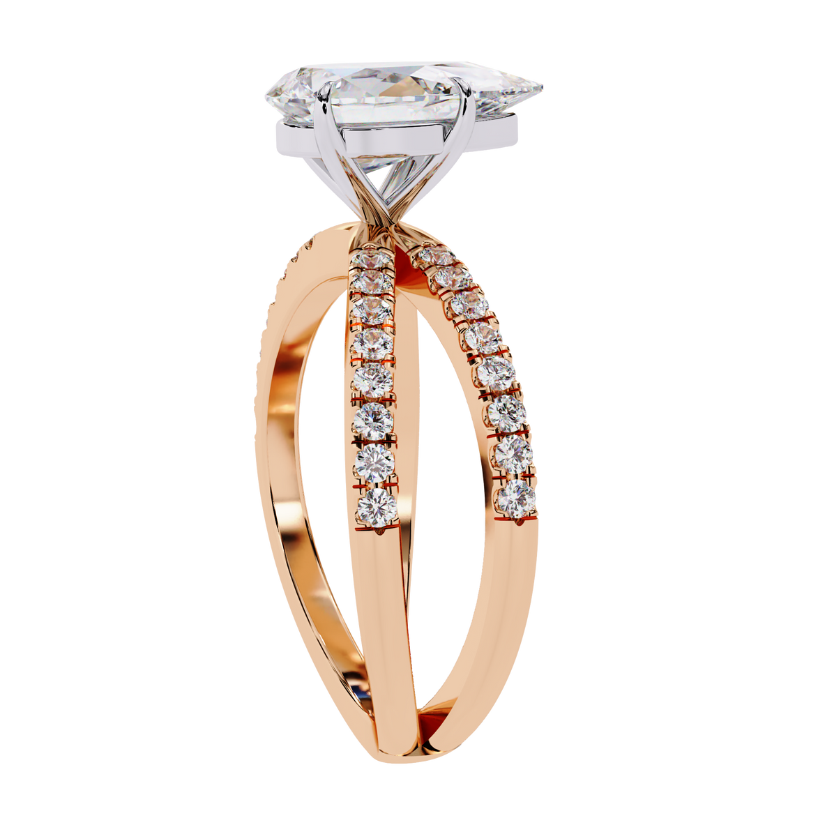 Rose gold ring with a large diamond and smaller diamonds on the band against a white background