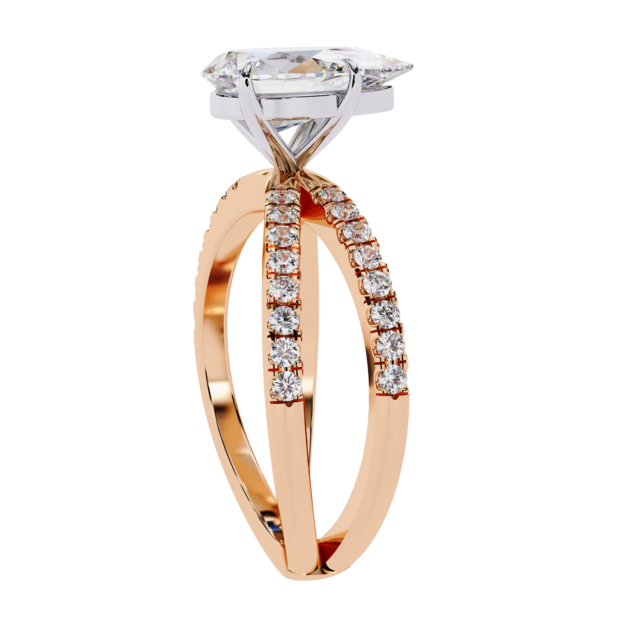 Rose gold ring with a large diamond and smaller diamonds on the band against a white background