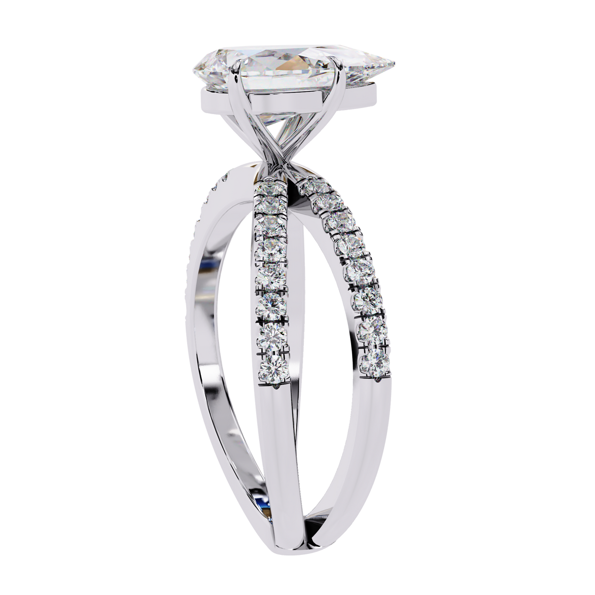 Diamond ring with a white gold band on a white background