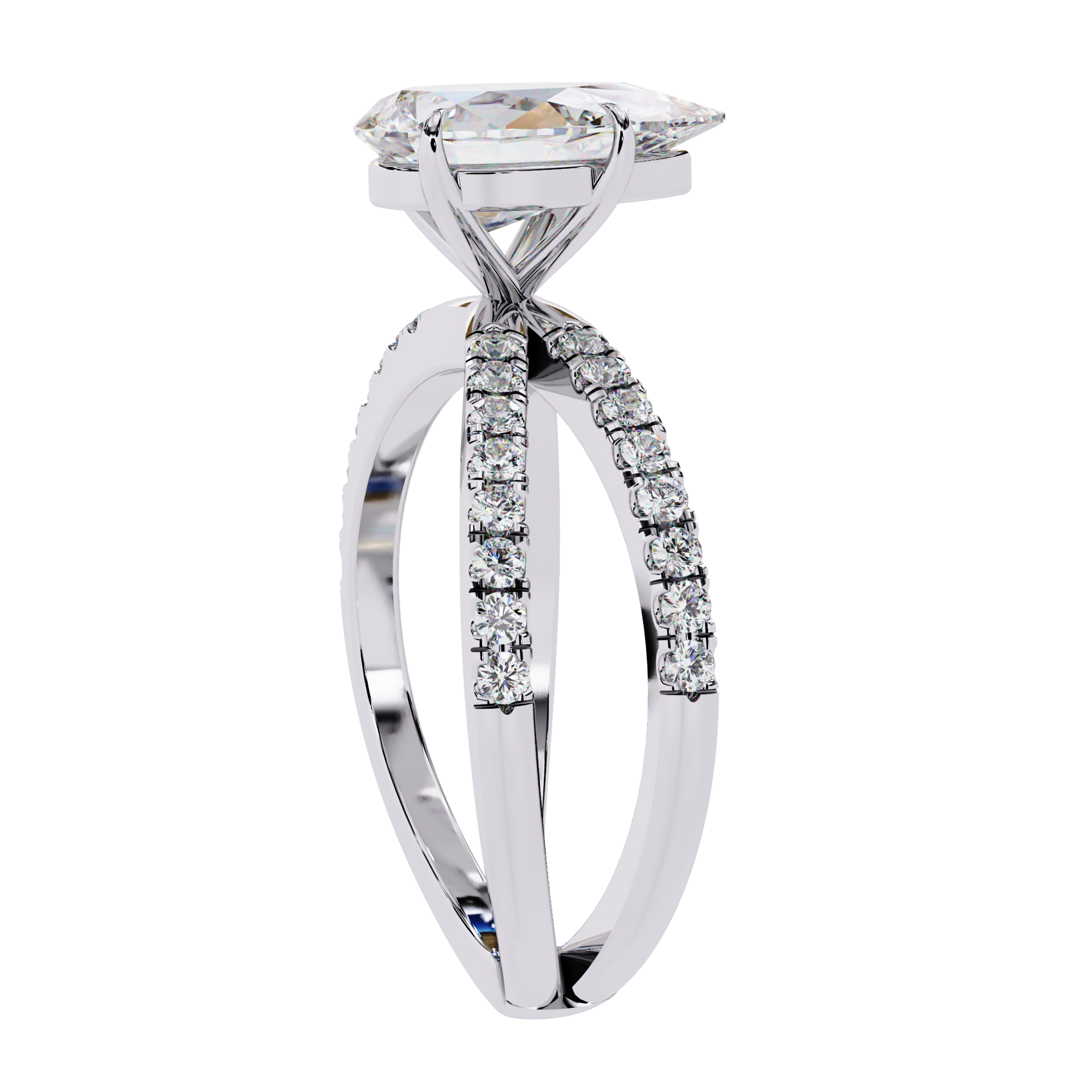 Diamond ring with a white gold band on a white background