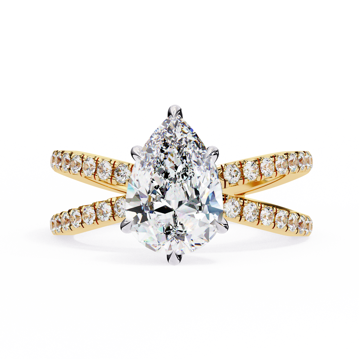 Gold ring with a pear-shaped diamond and smaller diamonds on a white background