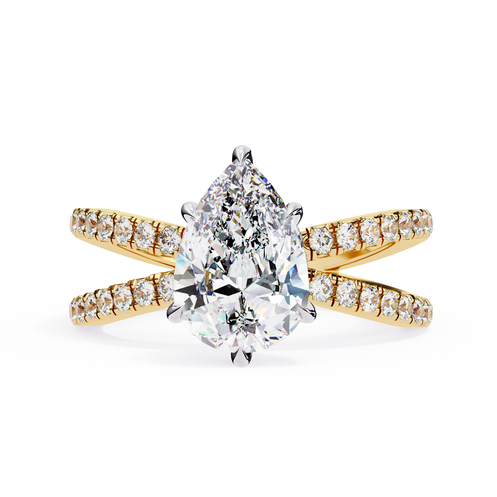 Gold ring with a pear-shaped diamond and smaller diamonds on a white background