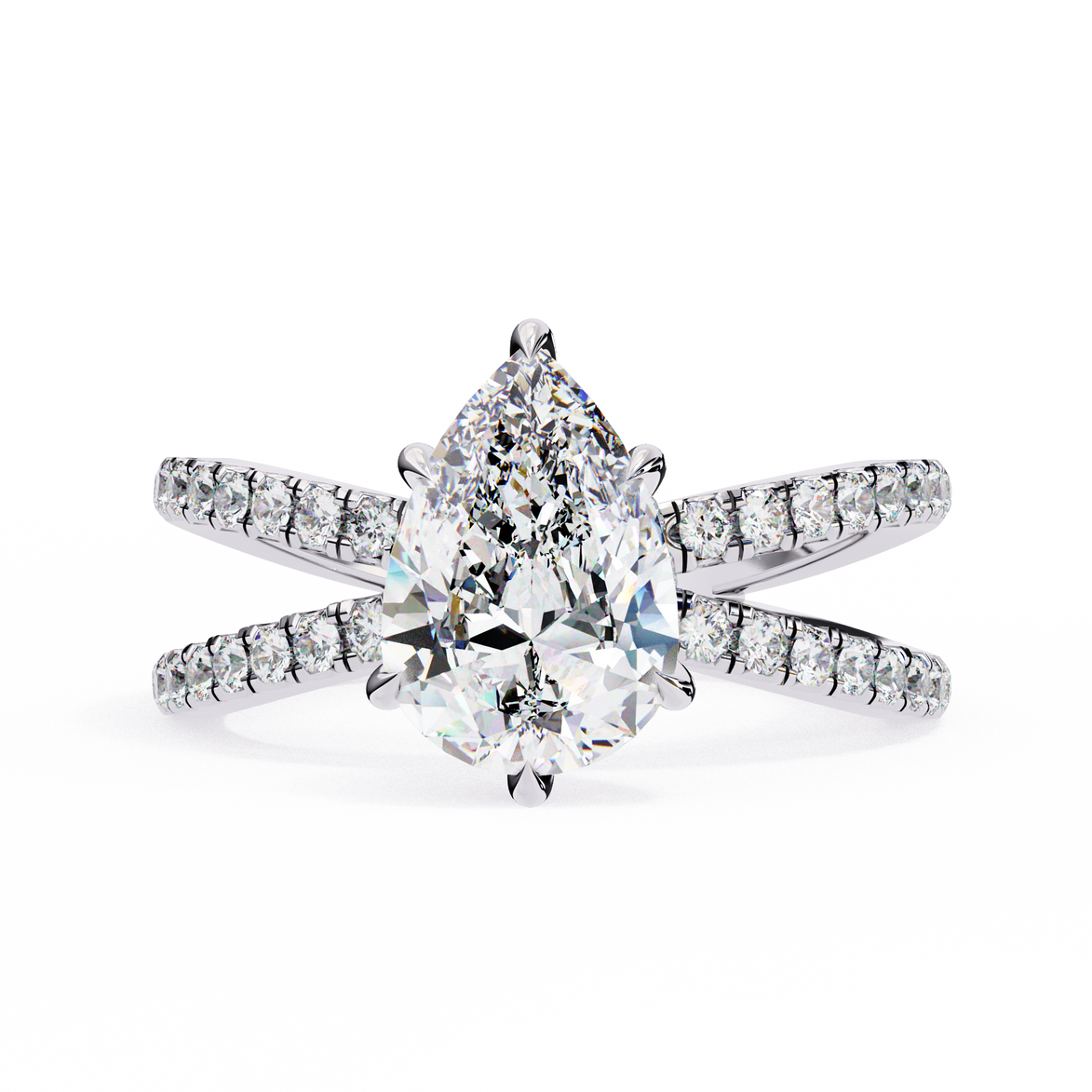 Diamond ring with a pear-shaped center stone on a white background