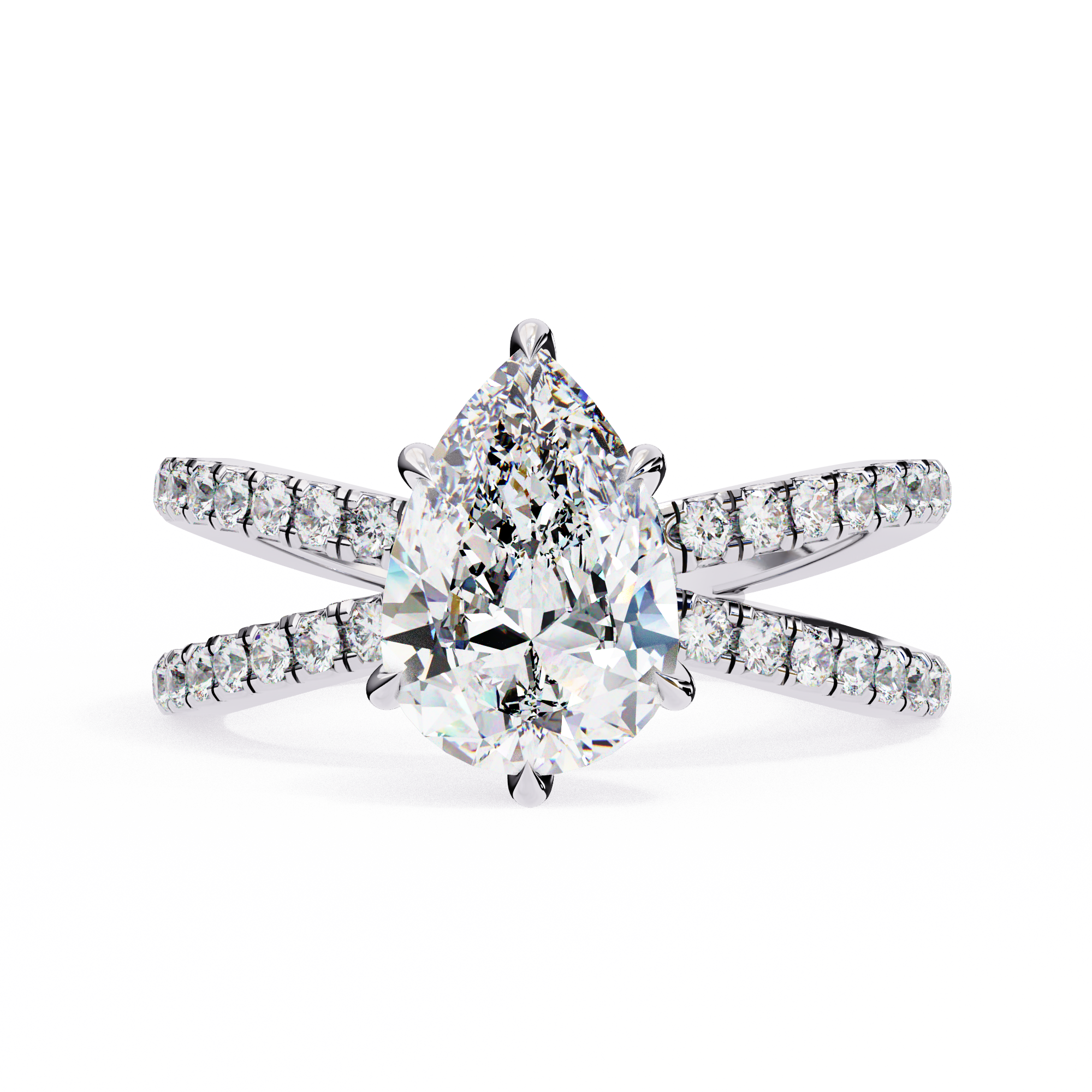 Diamond ring with a pear-shaped center stone on a white background