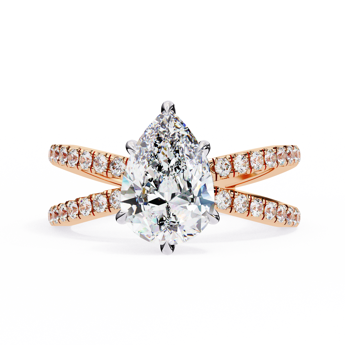 Rose gold ring with a pear-shaped diamond on a white background