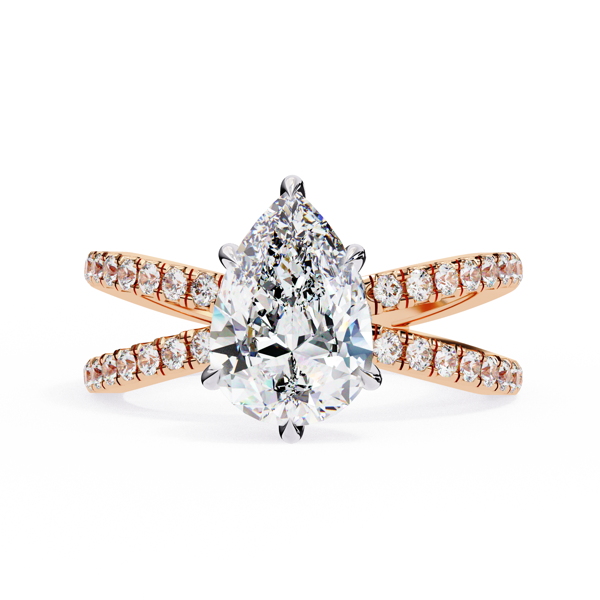 Rose gold ring with a pear-shaped diamond on a white background