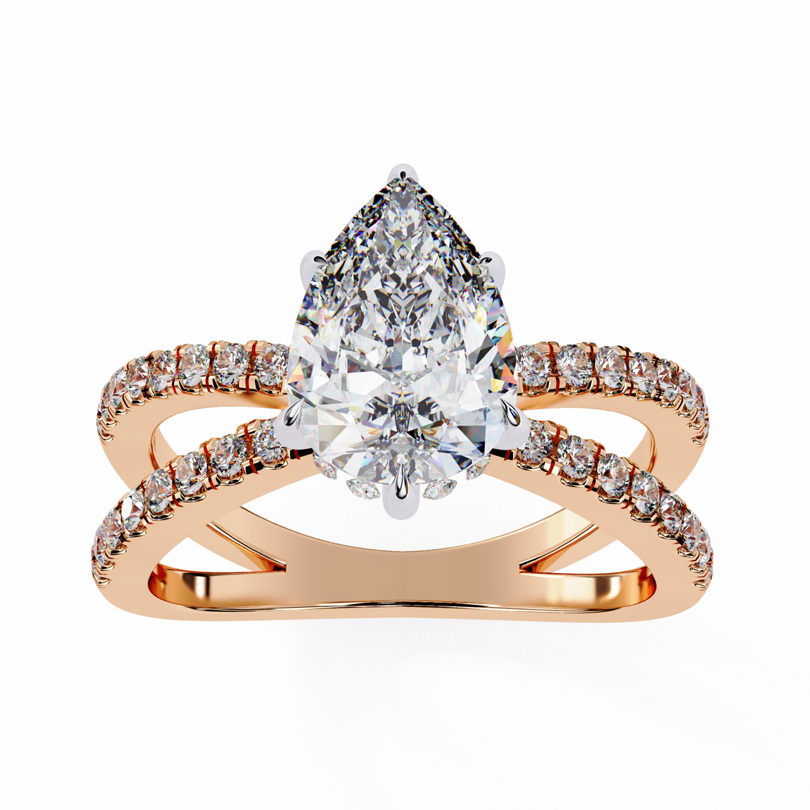 Rose gold ring with a pear-shaped diamond and smaller diamonds on a white background