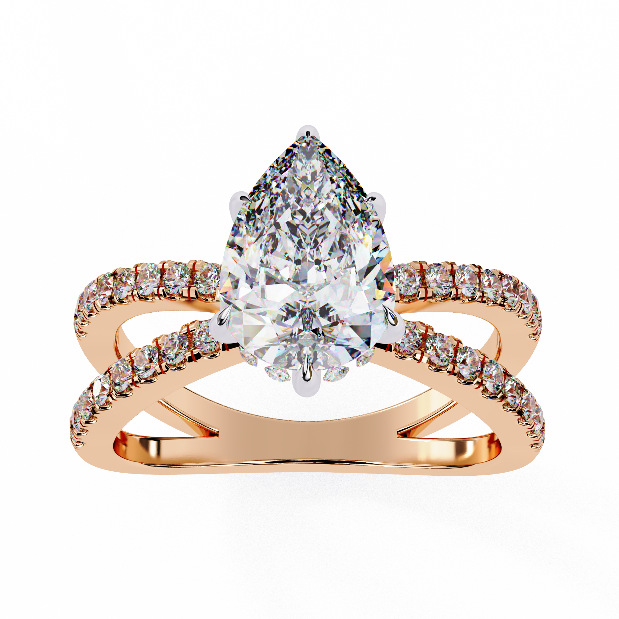 Rose gold ring with a pear-shaped diamond and smaller diamonds on a white background