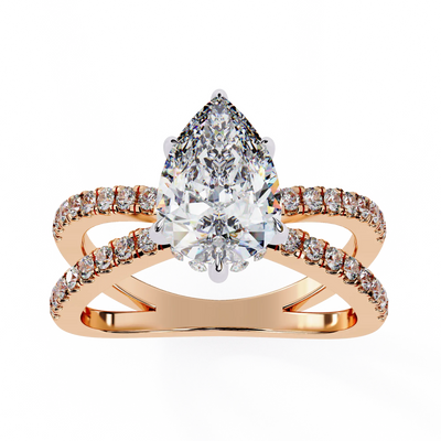 Rose gold ring with a pear-shaped diamond and smaller diamonds on a white background