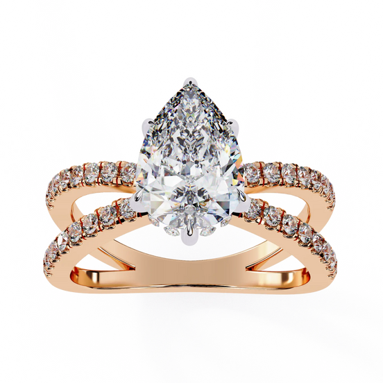 Rose gold ring with a pear-shaped diamond and smaller diamonds on a white background