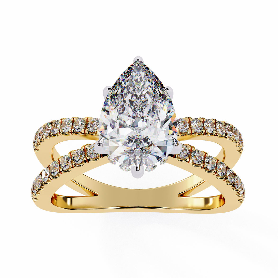 Gold ring with a pear-shaped diamond and smaller diamonds on a white background