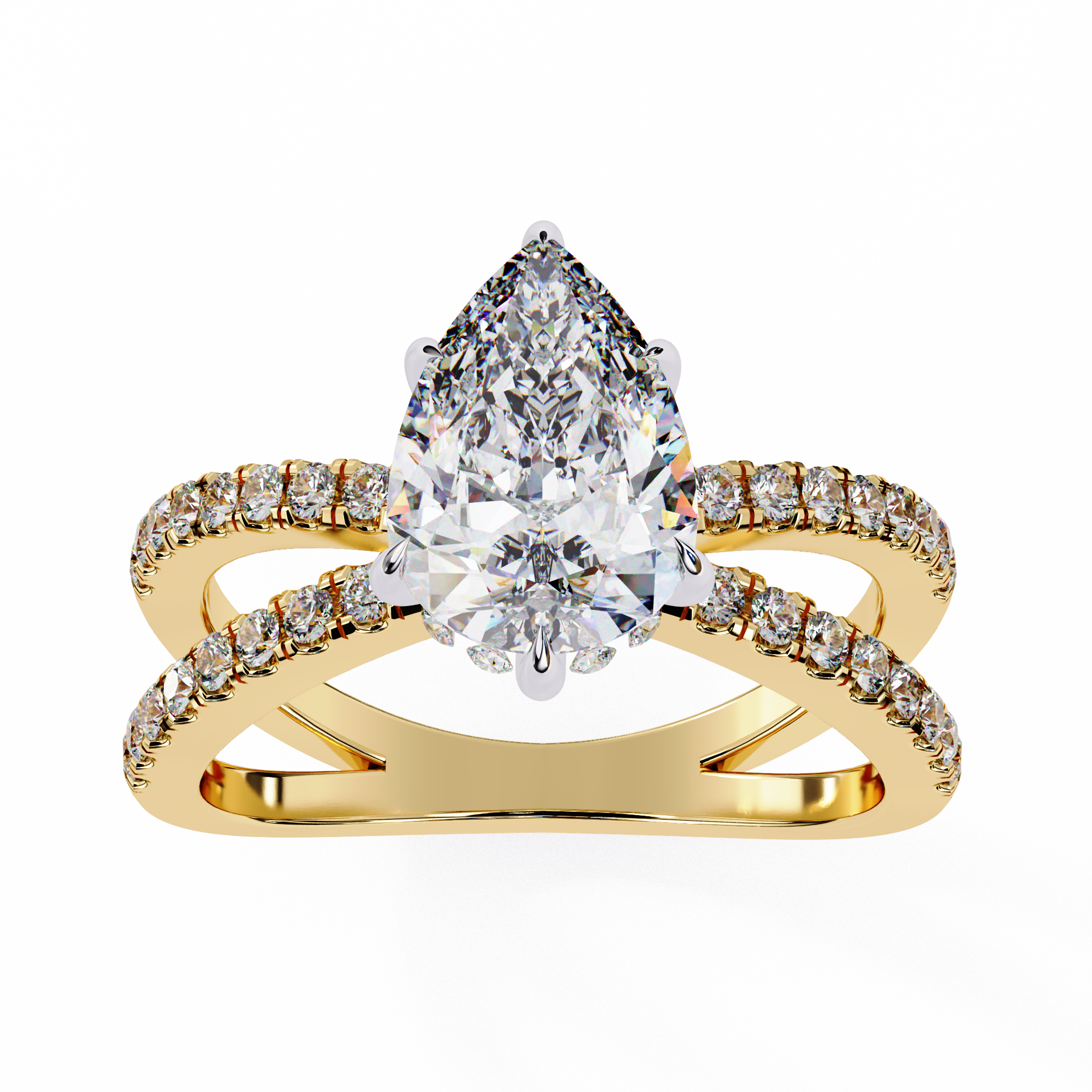 Gold ring with a pear-shaped diamond and smaller diamonds on a white background