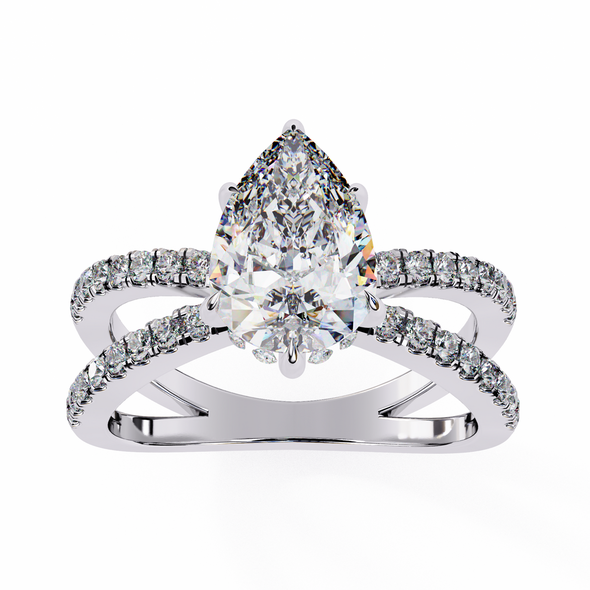 Diamond ring with a pear-shaped center stone on a white background