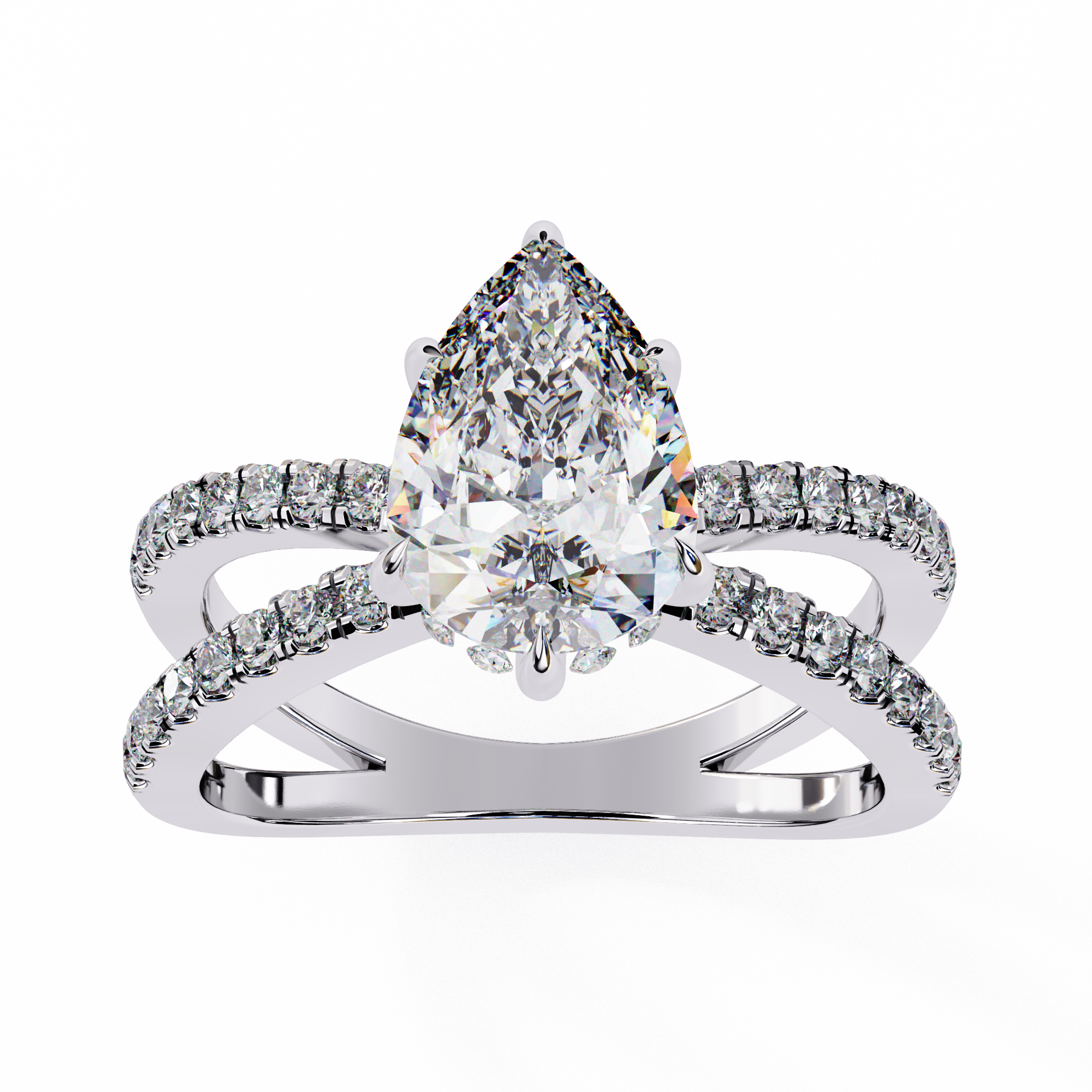 Diamond ring with a pear-shaped center stone on a white background