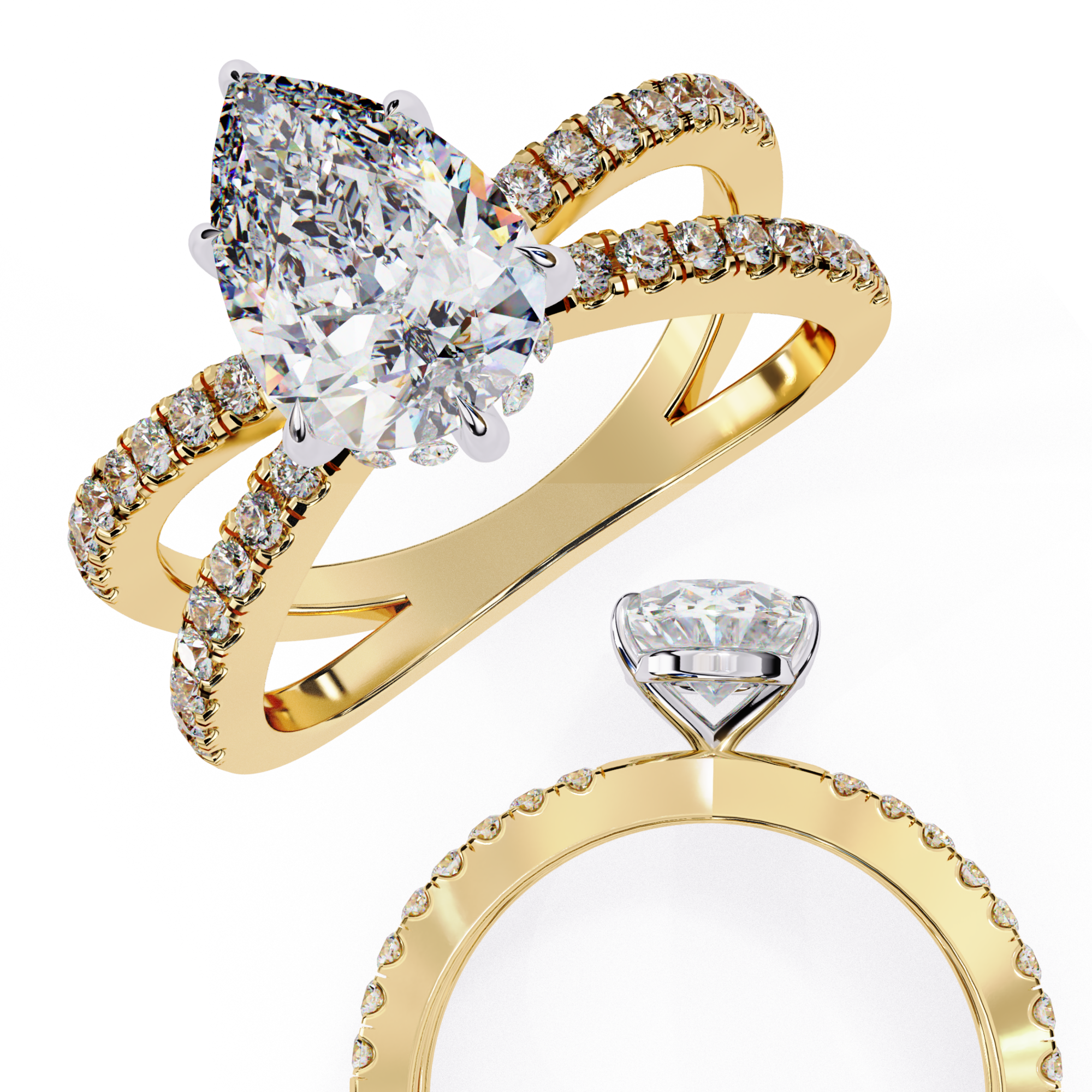 Gold ring with diamond accents on a white background