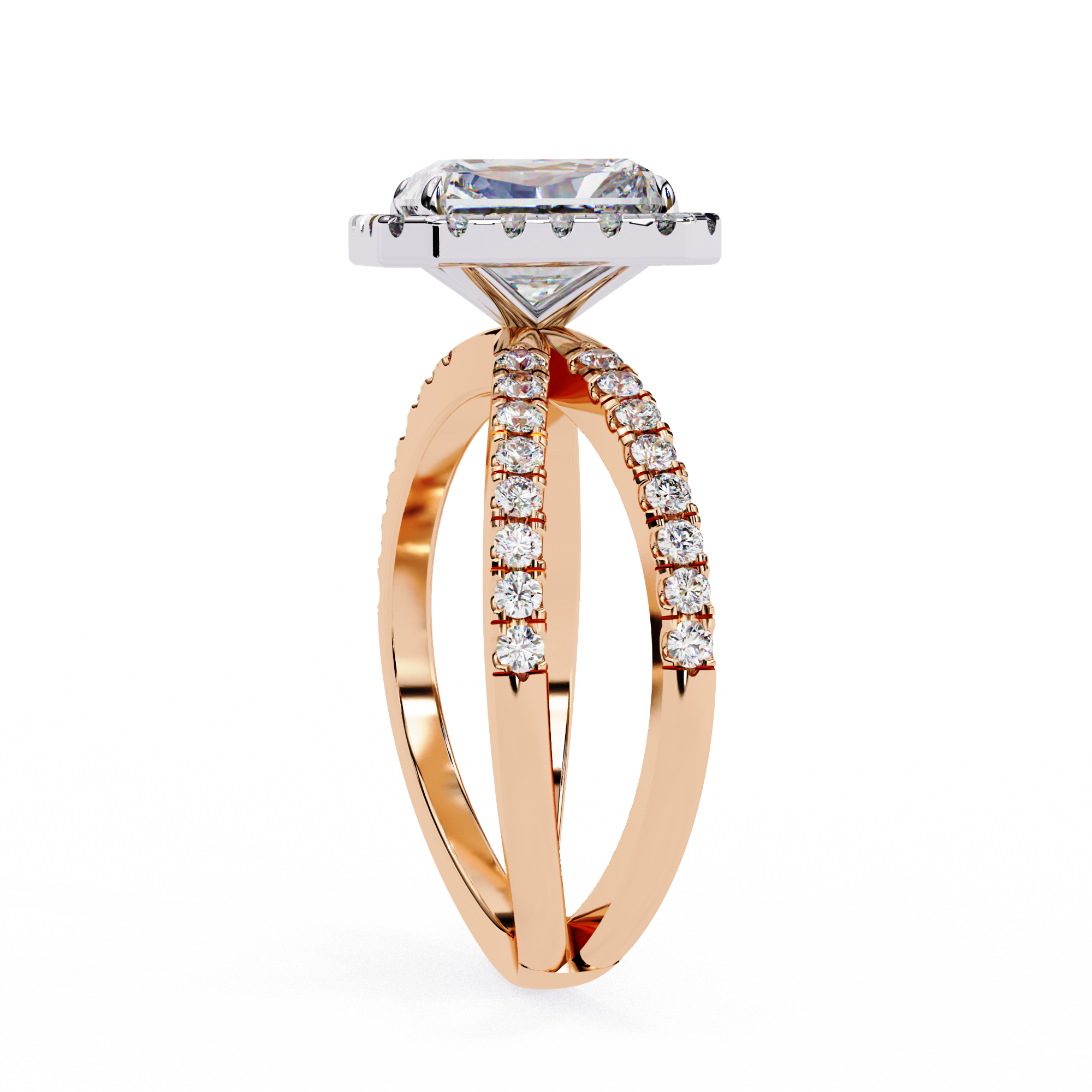 Rose gold ring with diamond accents on a white background