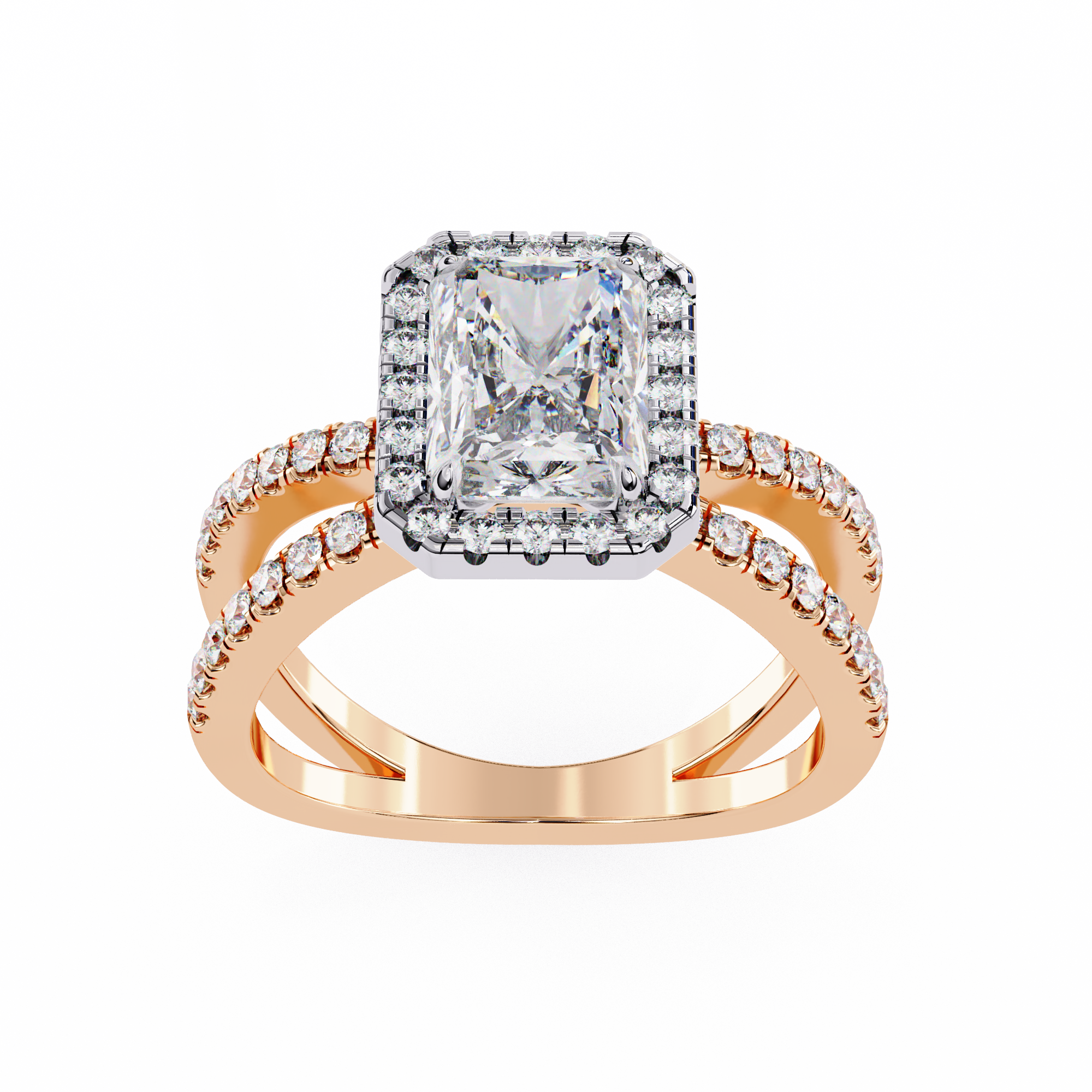 Gold ring with a diamond center stone on a white background