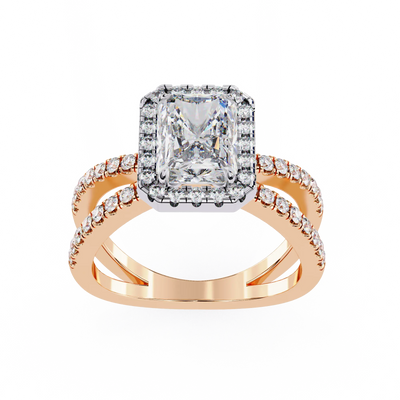 Gold ring with a diamond center stone on a white background