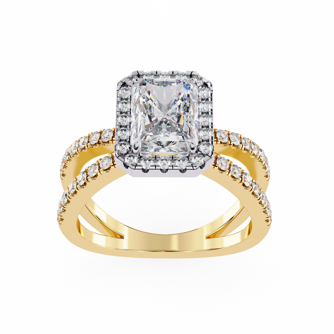 Gold ring with a diamond center stone on a white background