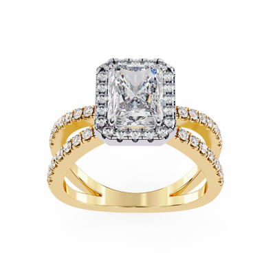 Gold ring with a diamond center stone on a white background