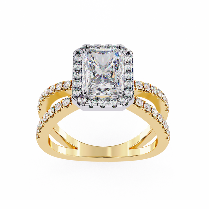 Gold ring with a diamond center stone on a white background