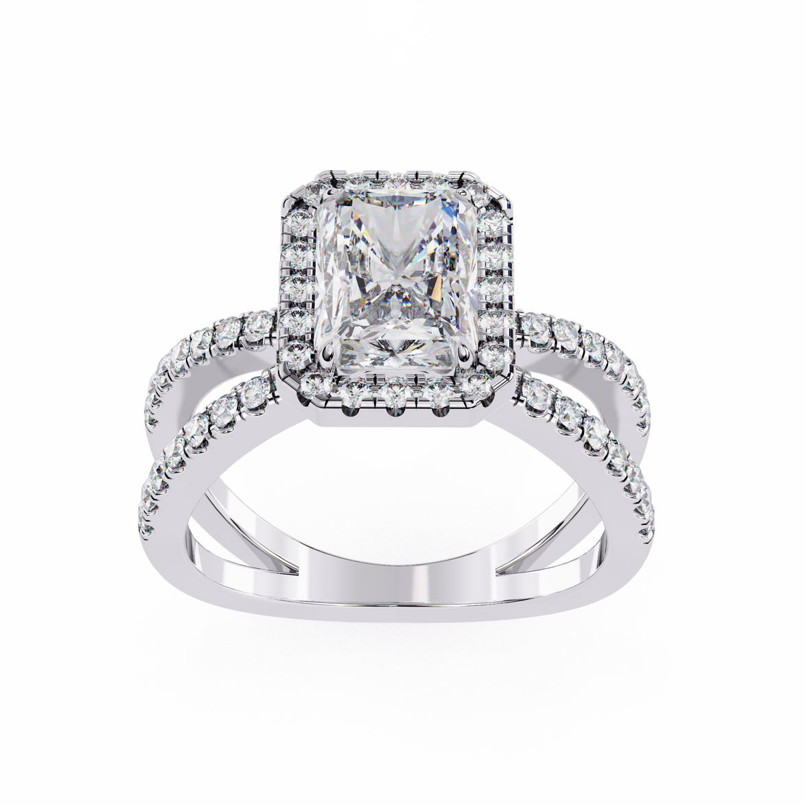 Diamond ring with a central gemstone and smaller diamonds on a white background