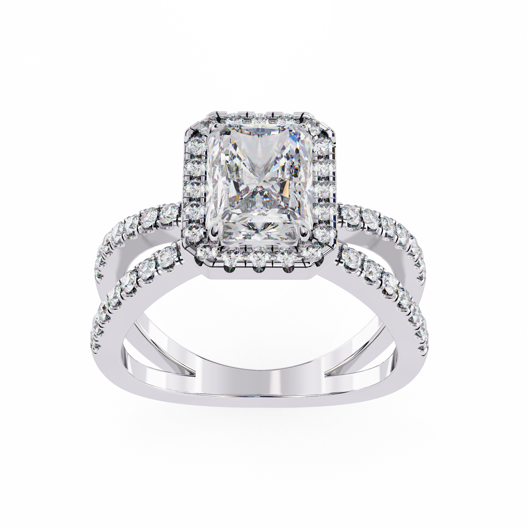 Diamond ring with a central gemstone and smaller diamonds on a white background