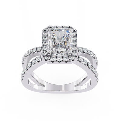 Diamond ring with a central gemstone and smaller diamonds on a white background