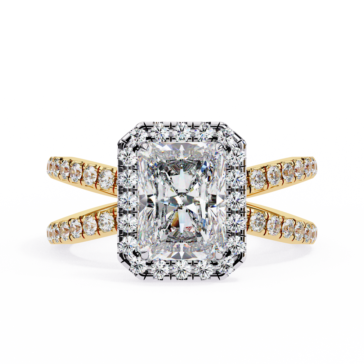 Diamond ring with gold band on a white background