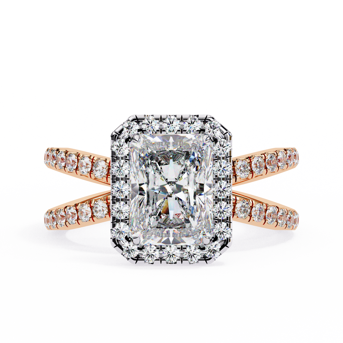 Rose gold ring with a large diamond and smaller diamonds on the band against a white background