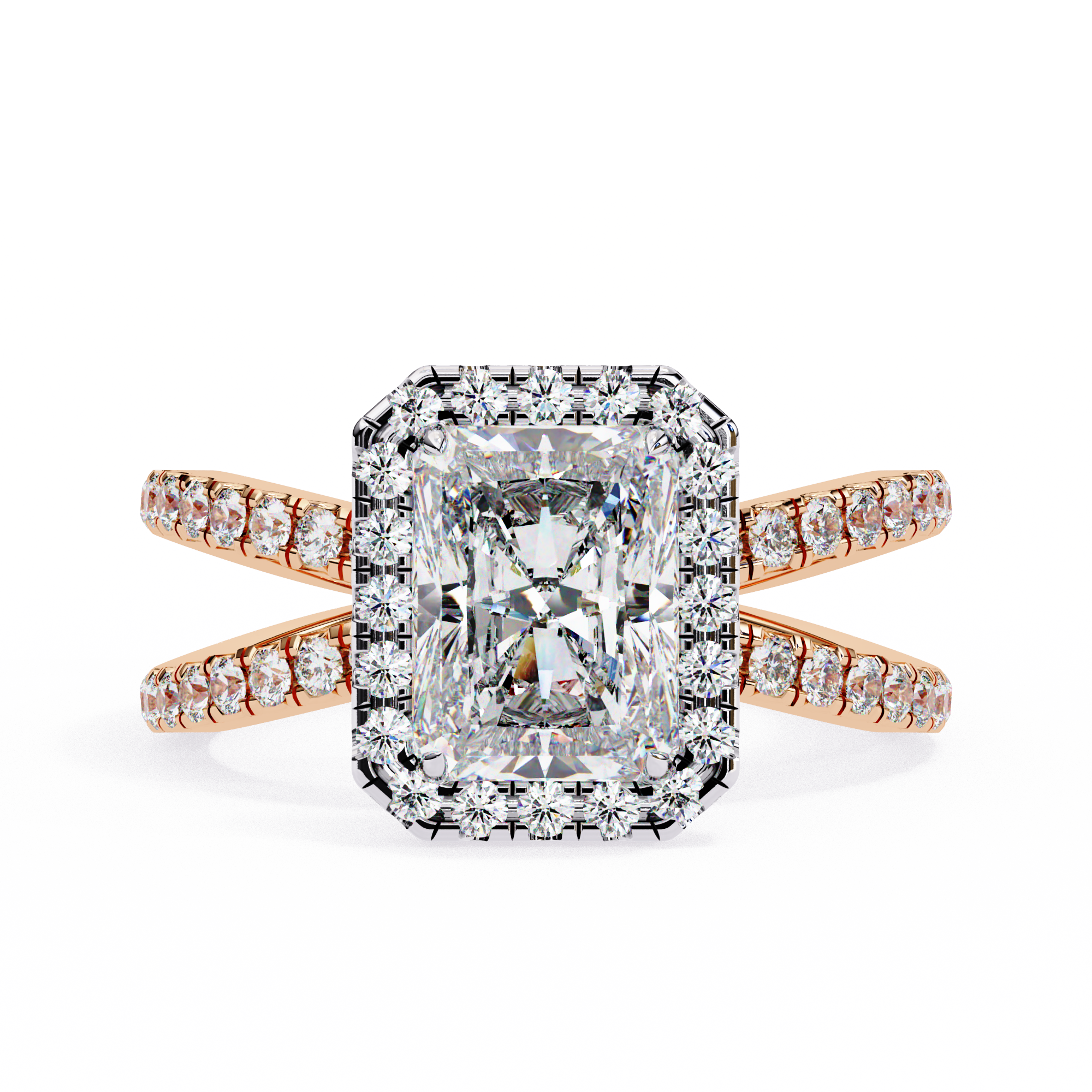 Rose gold ring with a large diamond and smaller diamonds on the band against a white background
