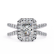 Diamond ring with a central gemstone and halo on a white background