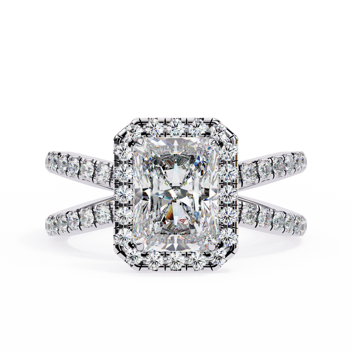Diamond ring with a central gemstone and halo on a white background