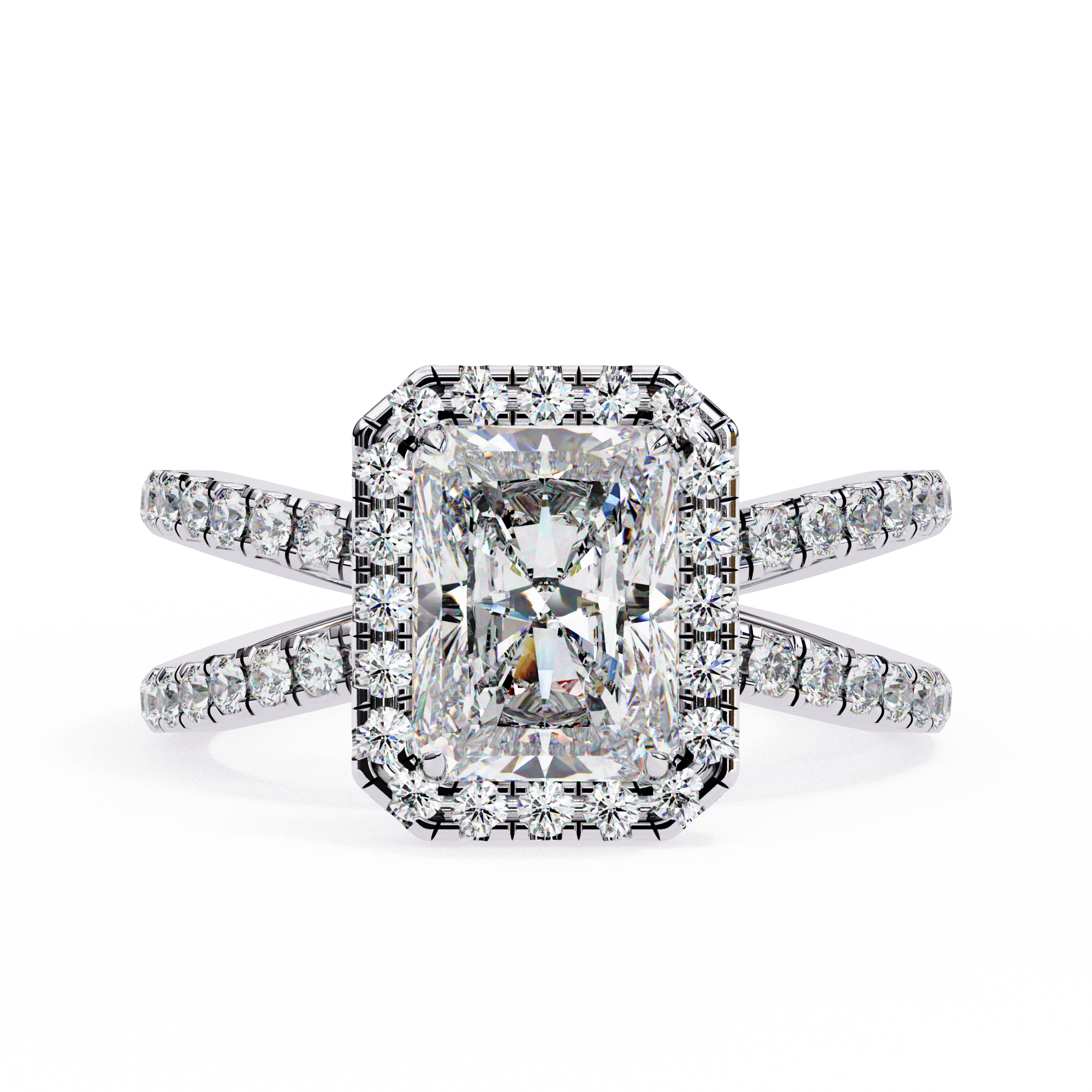 Diamond ring with a central gemstone and halo on a white background