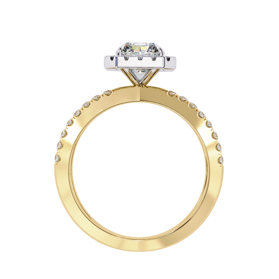Gold ring with diamond accents on a white background