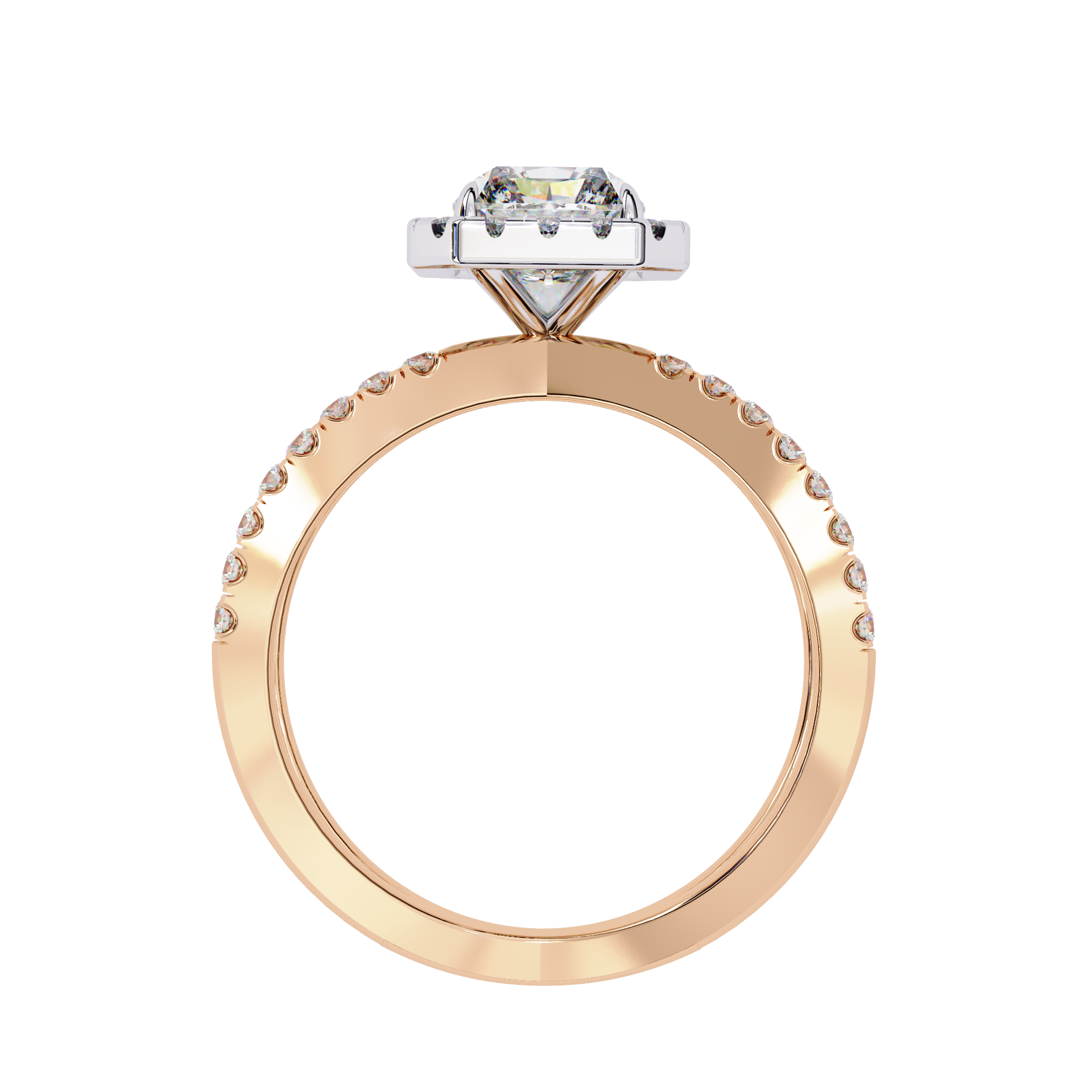 Rose gold ring with diamond accents on a white background