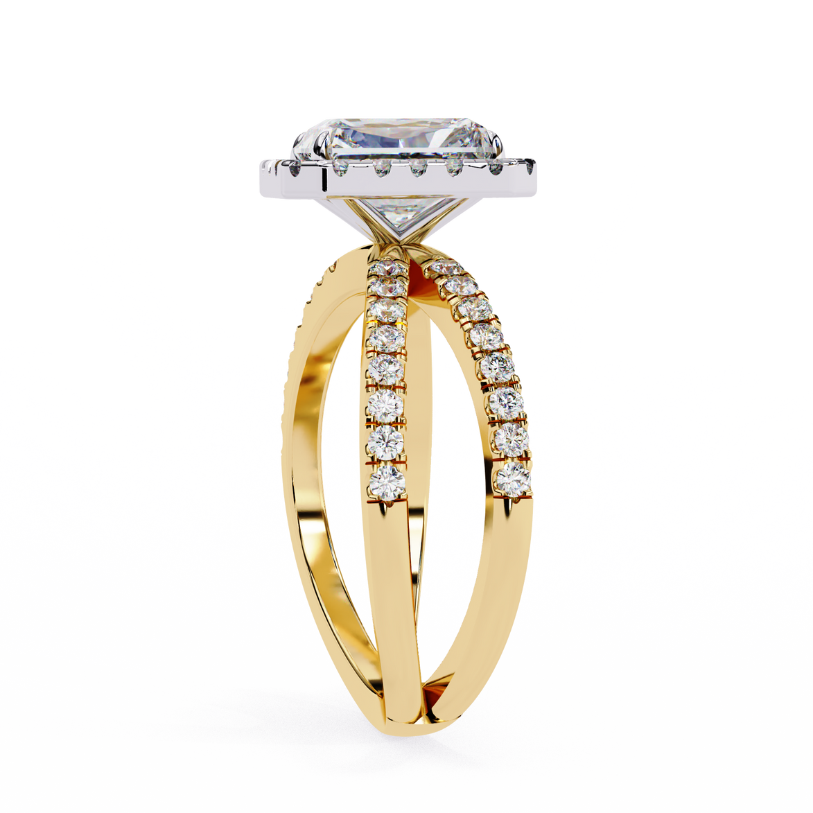 Gold ring with diamond accents on a white background