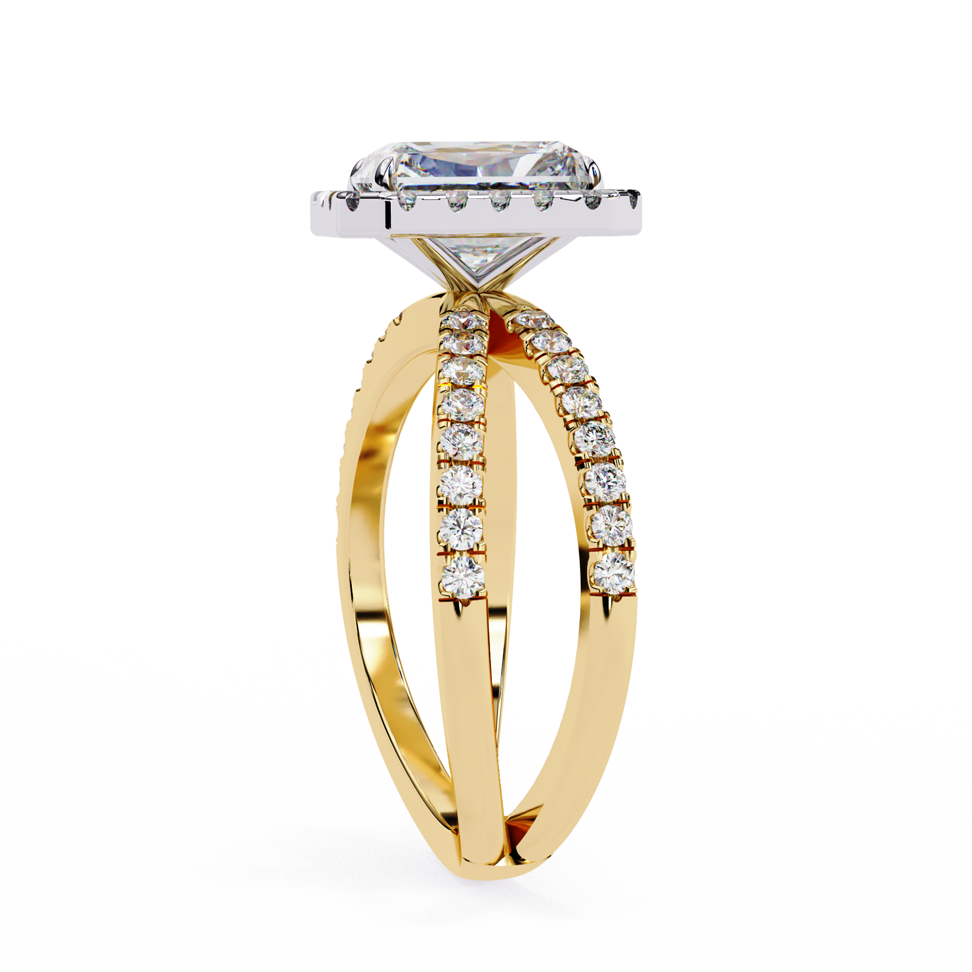 Gold ring with diamond accents on a white background
