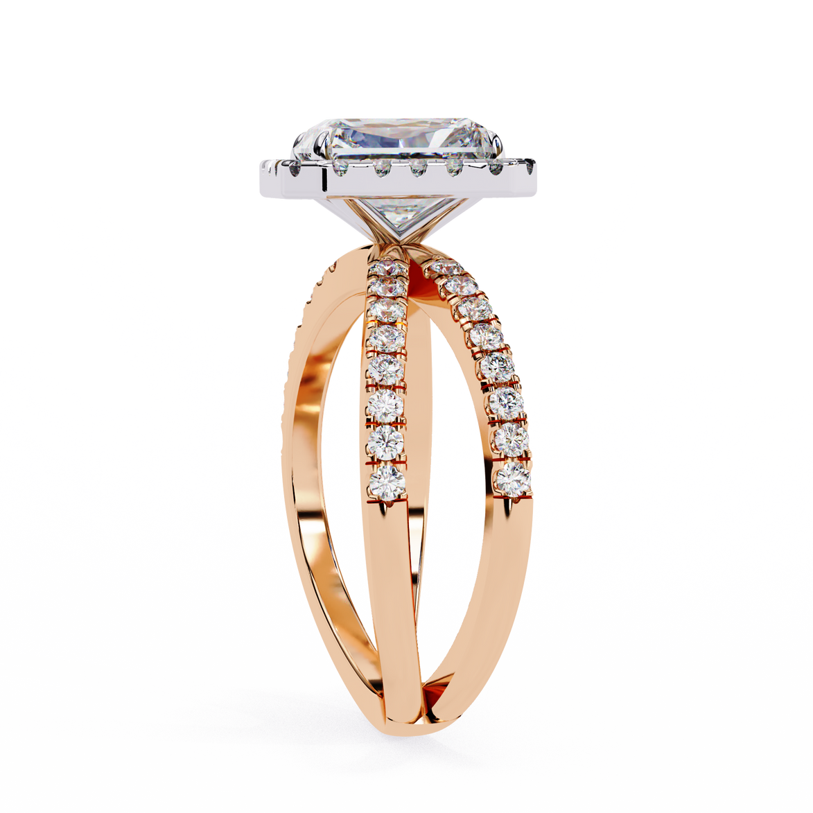 Rose gold ring with diamond accents on a white background