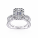 Diamond ring with a central emerald-cut diamond and smaller diamonds on a white background